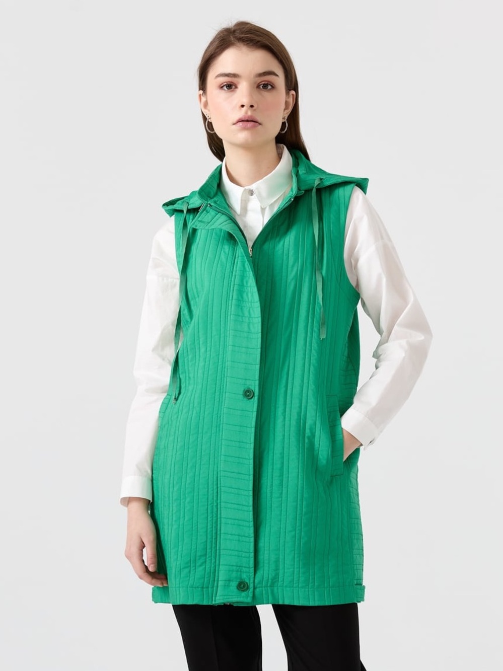 BNWT NIHAN Green Hooded Long Vest Jacket